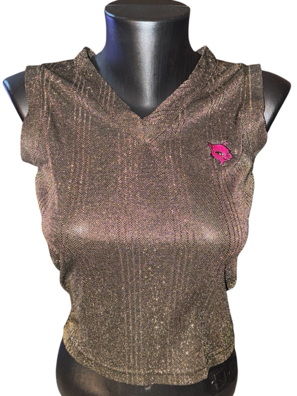 Shimmery Bronze V-Neck Sleeveless Tank with Pink Fox Patch